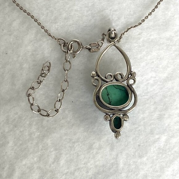 Sterling Silver 925 Scrollwork Turquoise Cabochon Pendant Necklace 16"-18" Chain - Picture 16 of 16